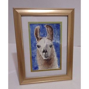 Watercolor Original Painting Llama Portrait Framed Cute Art Statement Animal
